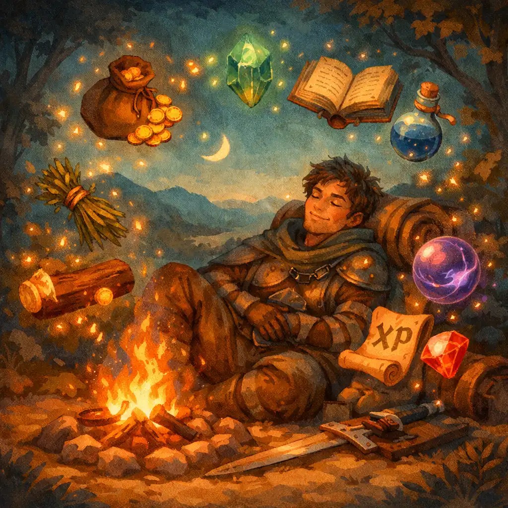 Meghitt fantasy jelenet, ahol egy hős tábortűz mellett pihen, miközben mágikus erőforrások lebegnek körülötte