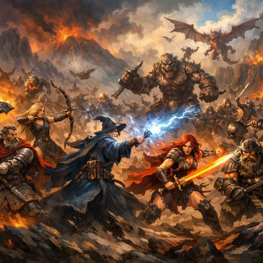 Epikus csatajelenet fantasy hősökkel, akik szörnyek hordája ellen küzdenek drámai tájon