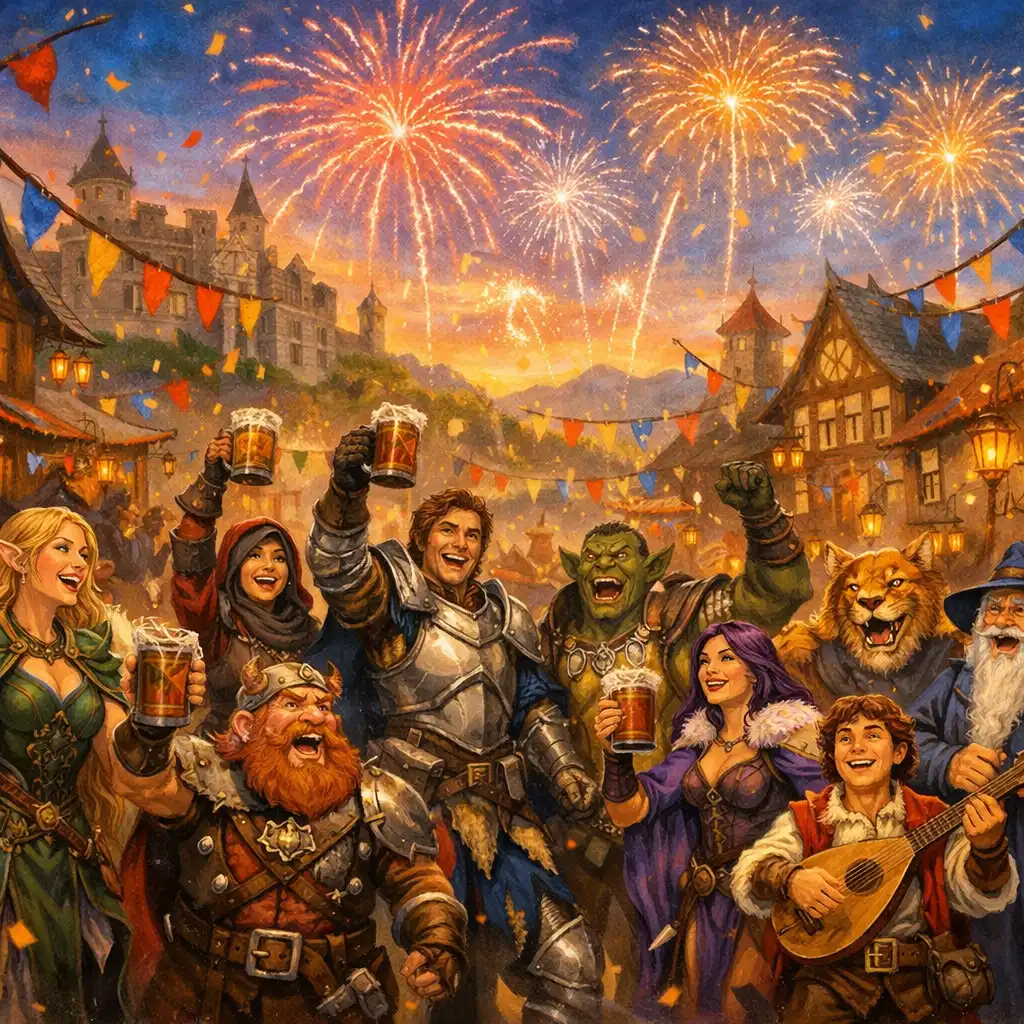 Élénk fantasy közösségi jelenet, ahol különböző hősök ünnepelnek egy középkori város főterén zászlókkal és tűzijátékkal