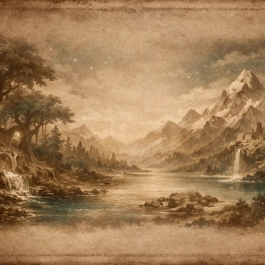 Esperia misztikus fantasy tája, ősi fákkal, kristálytiszta folyóval és távoli havas hegycsúcsokkal alkonyatkor
