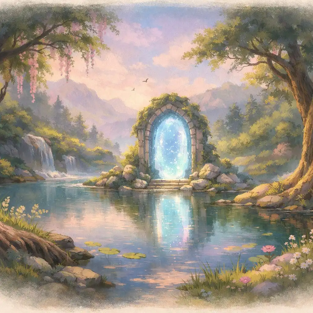 Nyugodt fantasy táj kristálytiszta tóval, ősi fákkal és titokzatosan izzó portállal