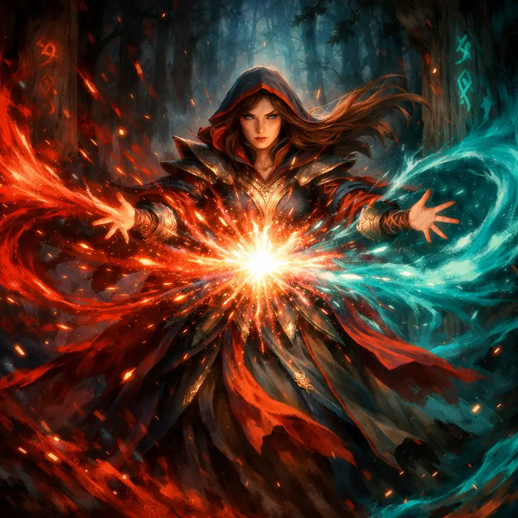 Fantasy hős varázslatot idéz meg, körülötte mágikus energia örvénylik