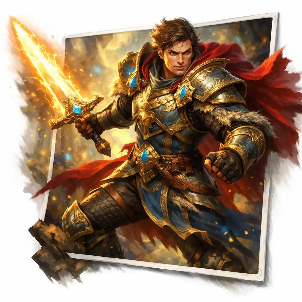Hősies fantasy harcos díszes páncélban, izzó fegyverrel, dinamikus pózban