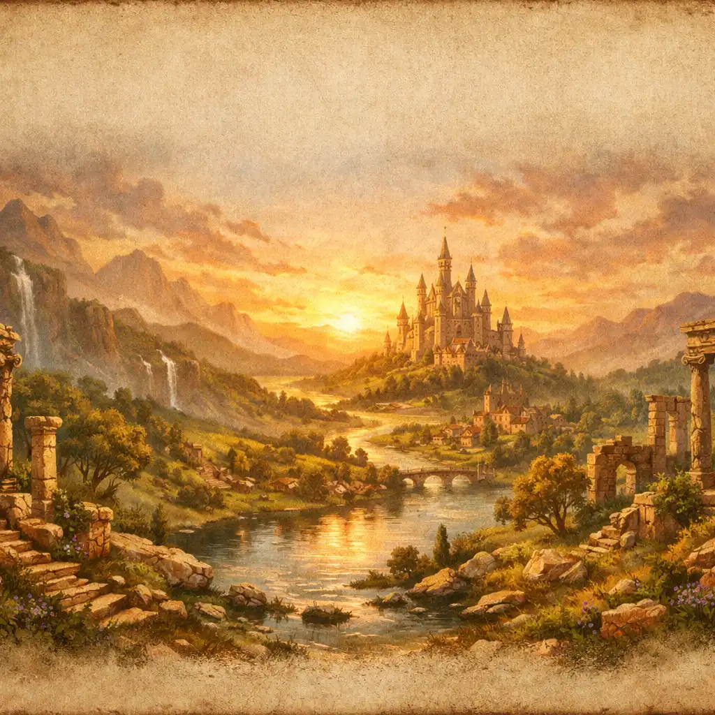 Esperia festői fantasy tájképe, ősi romokkal és misztikus erdővel