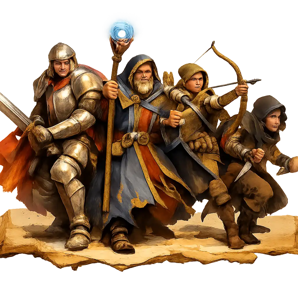 Különböző fantasy hősök csapata harci pózban, lovaggal, mágussal, íjásszal és orgyilkossal