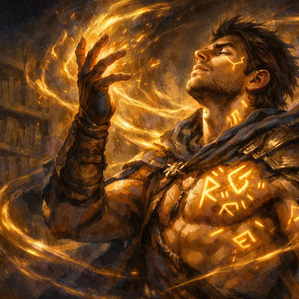 Egy AFK Journey hős fejlődés közben, aranyló energiaörvénnyel és világító rúnákkal a testén.