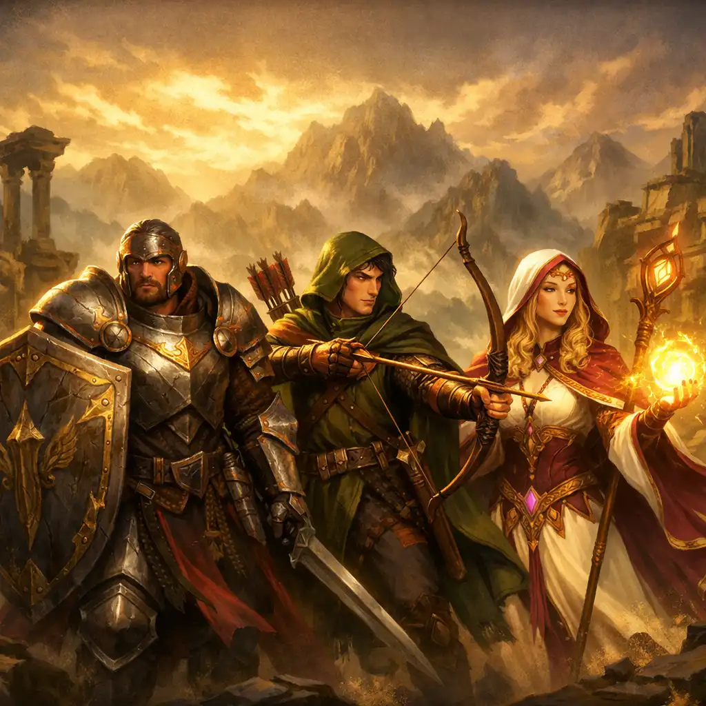 Három AFK Journey hős: egy páncélos tank pajzzsal, egy íjász sebzésosztó és egy varázslónő gyógyító fénnyel, ősi romváros előtt.