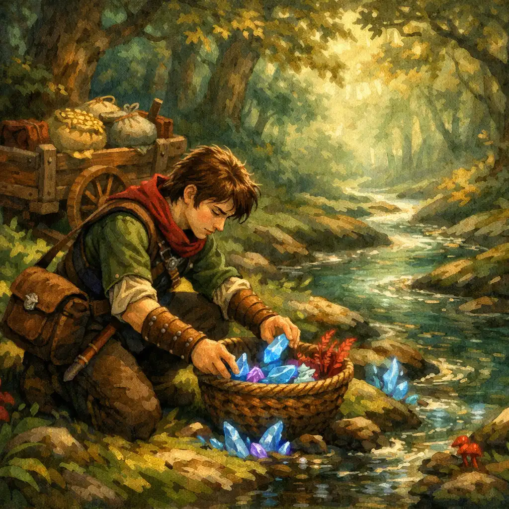 Hős erőforrásokat gyűjt egy fantasy tájon