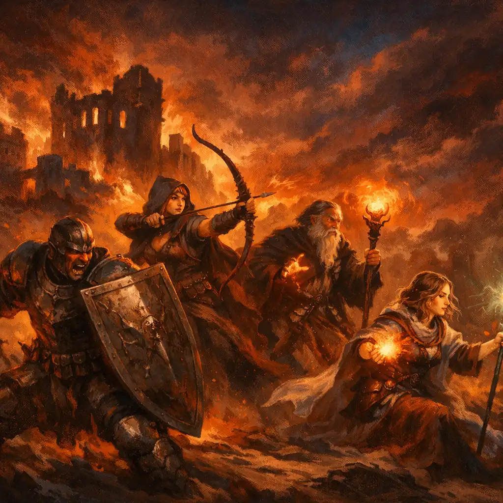 Kézzel festett fantasy csatajelenet, ahol tank, íjász, mágus és gyógyító hősök harcolnak együtt egy romos vár előtt
