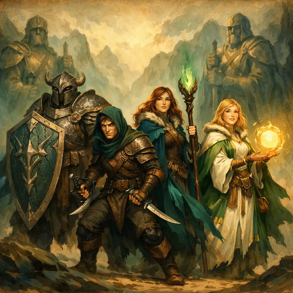 Négy fantasy hős áll együtt, különböző szerepeket képviselve