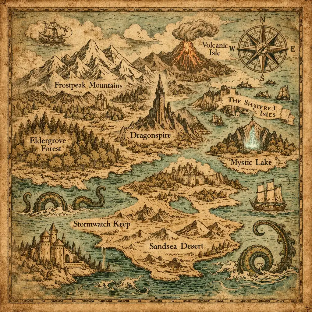 Kézzel rajzolt fantasy világtérkép erdőkkel, hegyekkel és misztikus tereptárgyakkal